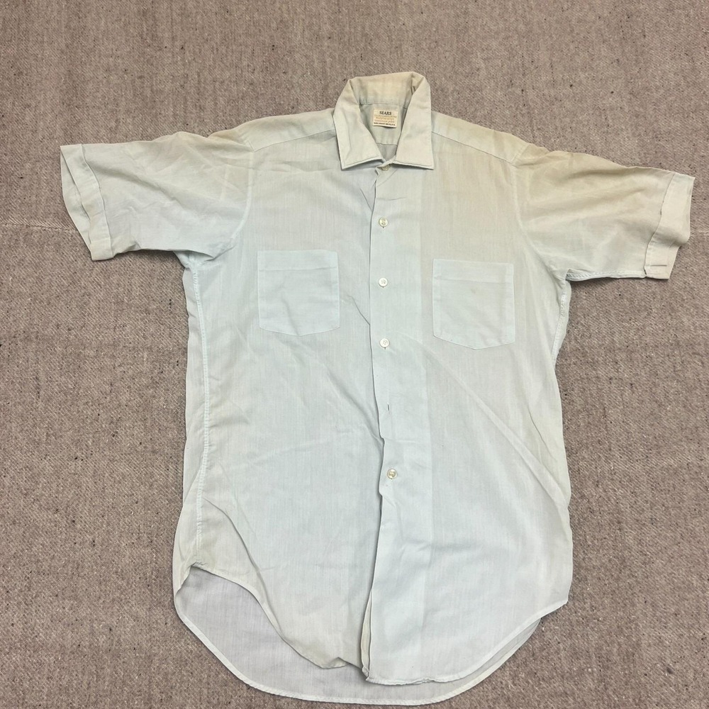 Vintage Sears Button Up Shirt Mens Medium White 1950s Short Sleeve Sanforized